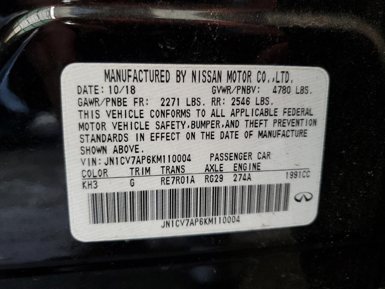 2019 Infiniti Q50 Pure VIN: JN1CV7AP6KM110004 Lot: 86306365