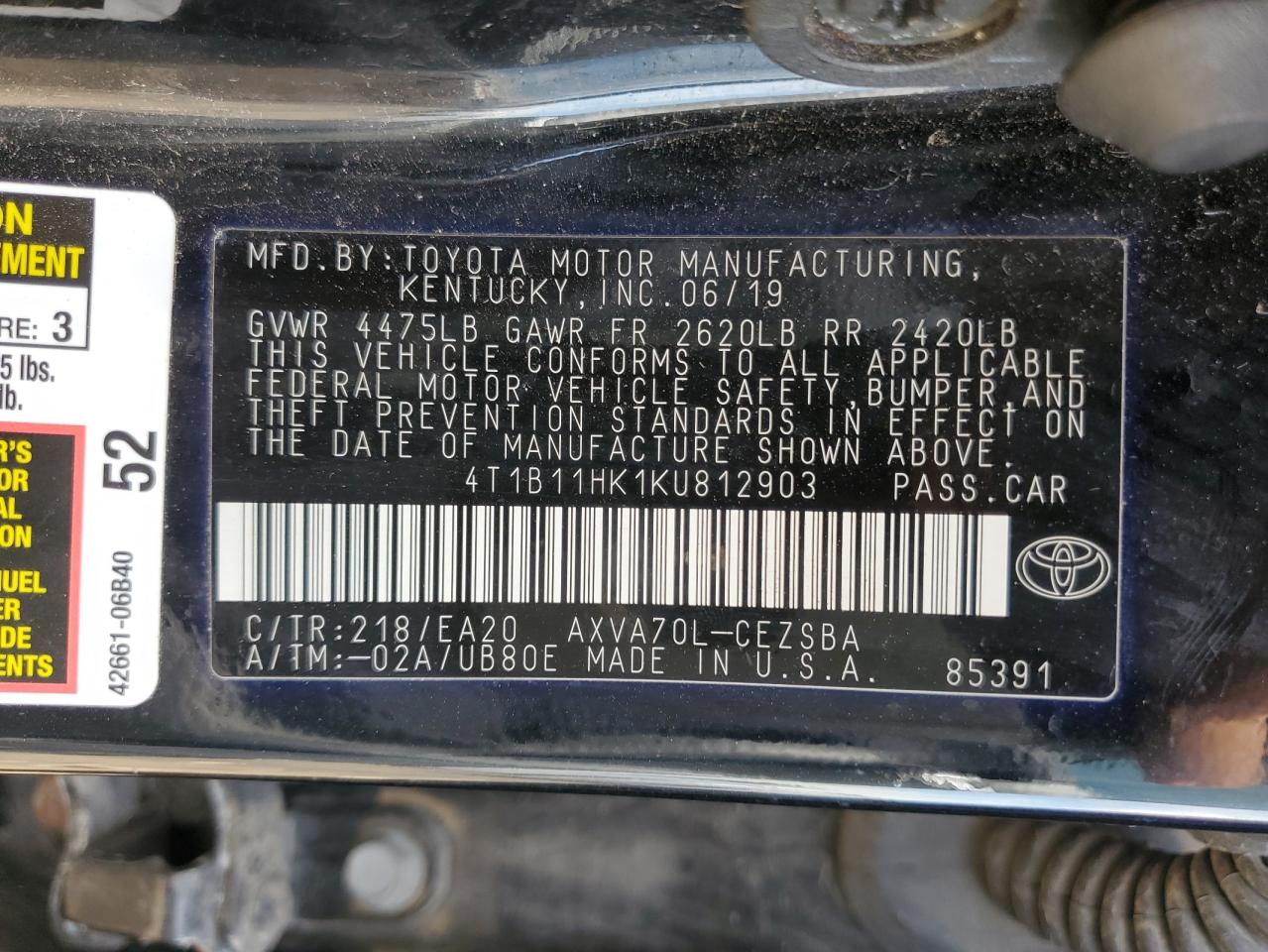 2019 Toyota Camry L VIN: 4T1B11HK1KU812903 Lot: 84941525