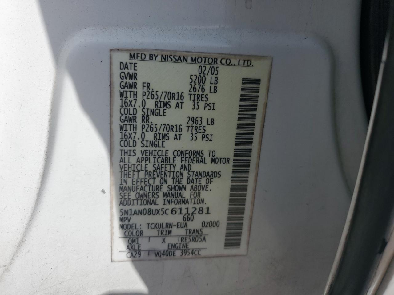 2005 Nissan Xterra Off Road VIN: 5N1AN08UX5C611281 Lot: 85723225