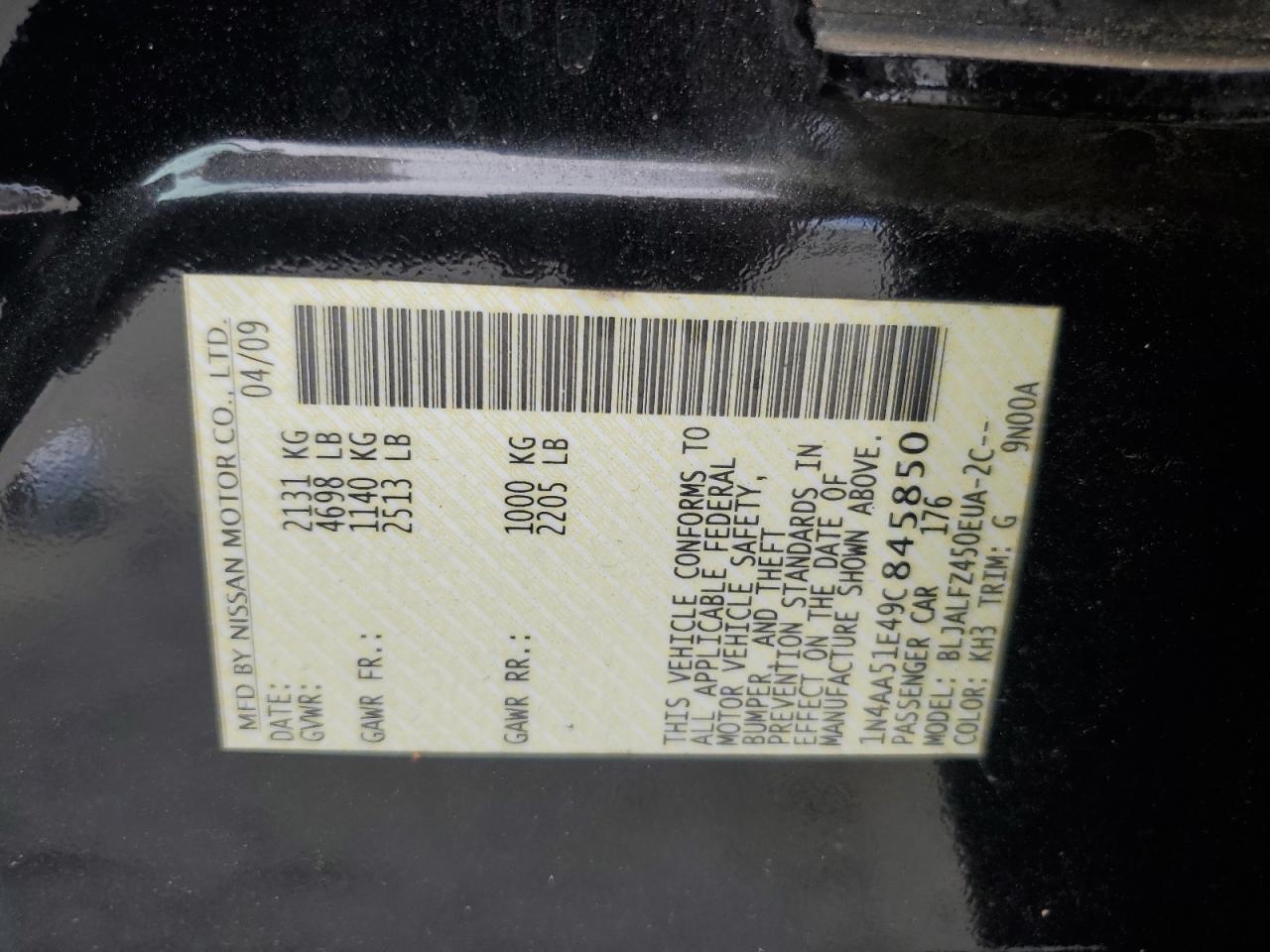 2009 Nissan Maxima S VIN: 1N4AA51E49C845850 Lot: 85830995