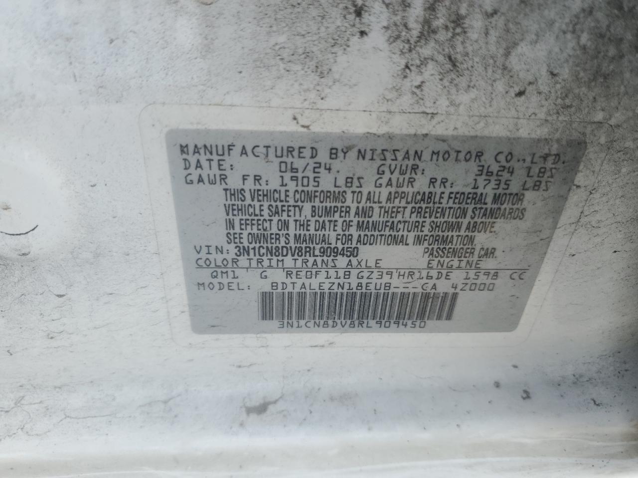 2024 Nissan Versa S VIN: 3N1CN8DV8RL909450 Lot: 85085595