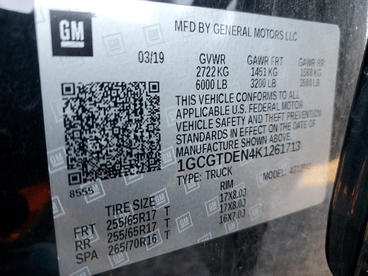 2019 Chevrolet Colorado Z71 VIN: 1GCGTDEN4K1261713 Lot: 85336205