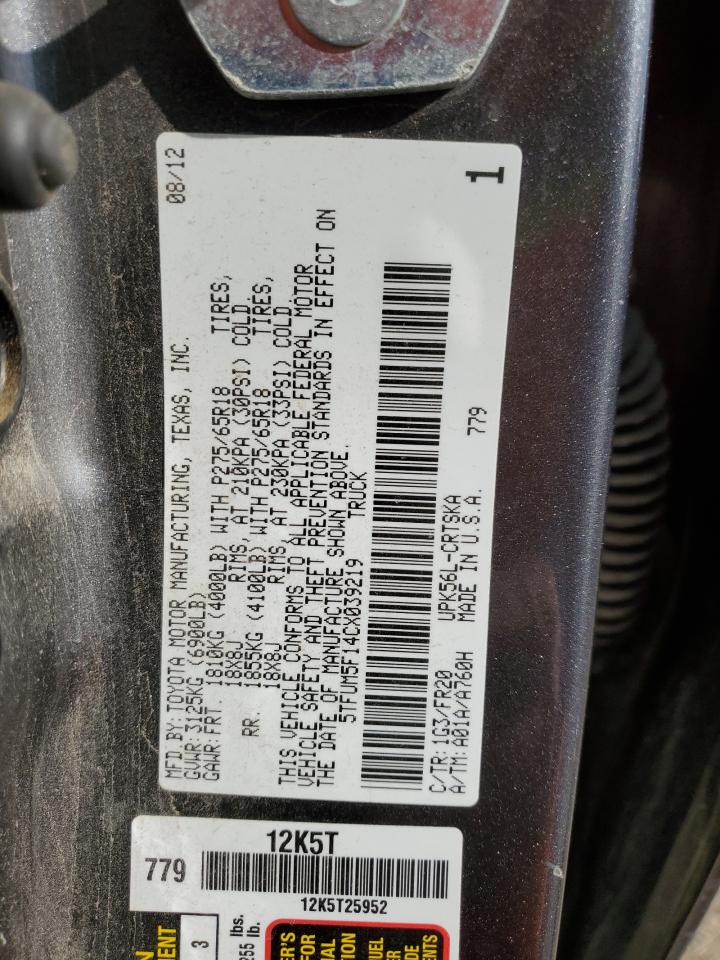 2012 Toyota Tundra Double Cab Sr5 VIN: 5TFUM5F14CX039219 Lot: 84922045