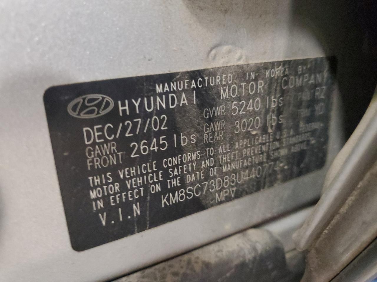 2003 Hyundai Santa Fe Gls VIN: KM8SC73D83U440774 Lot: 82472095