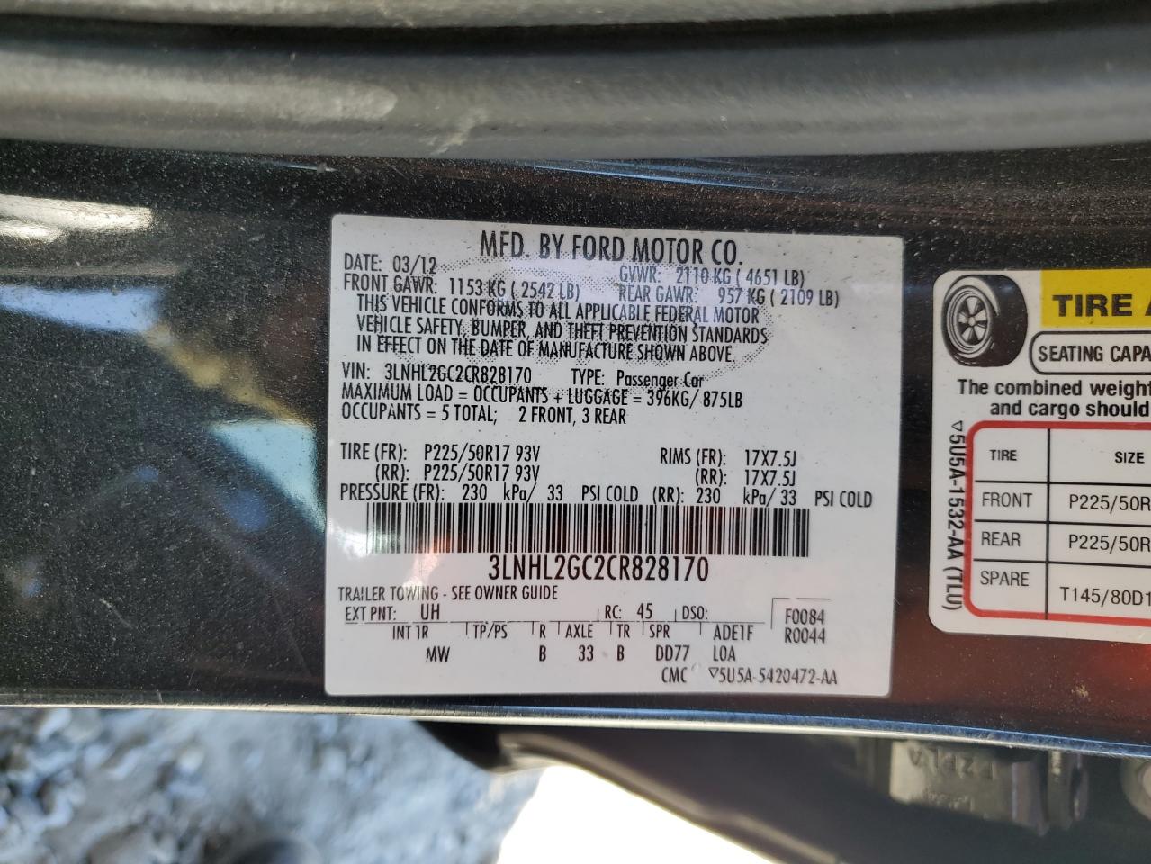 2012 Lincoln Mkz VIN: 3LNHL2GC2CR828170 Lot: 82618985