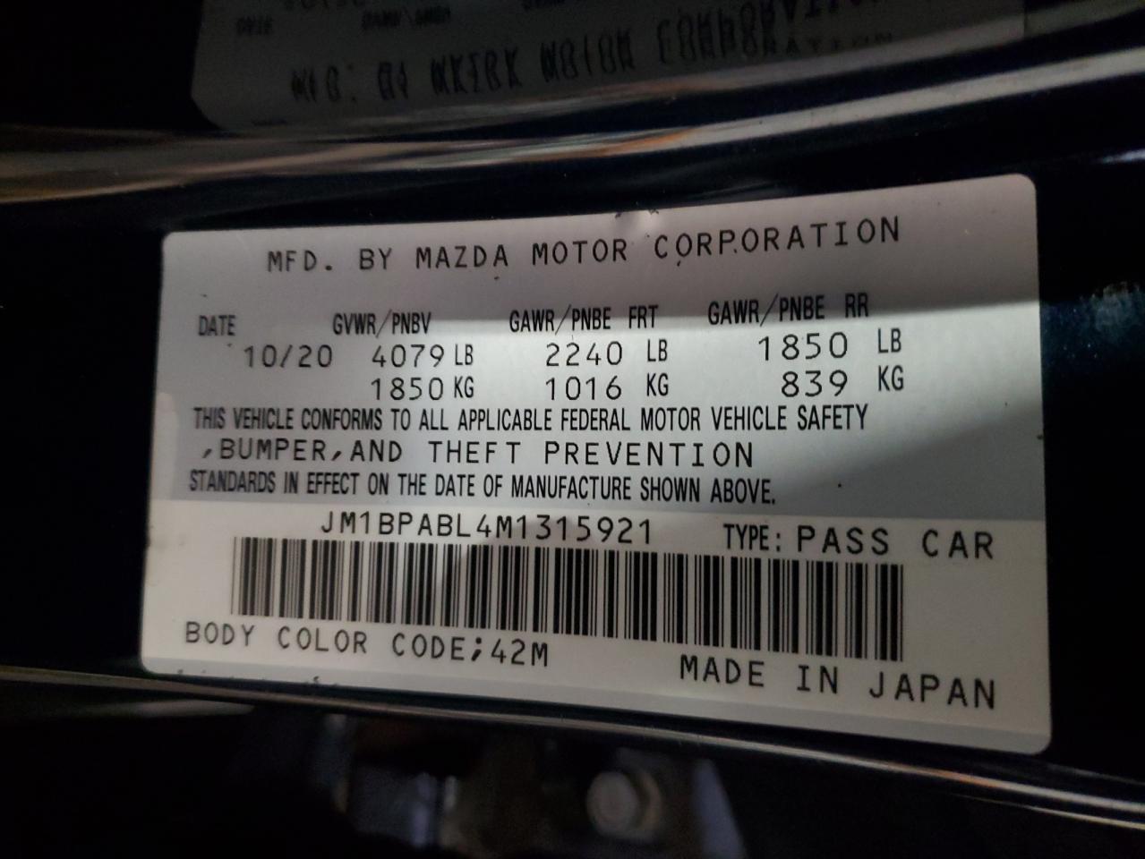 2021 Mazda 3 Select VIN: JM1BPABL4M1315921 Lot: 82449065