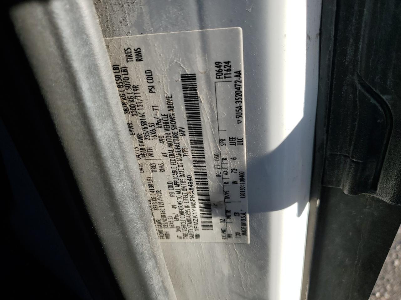 2015 Ford Transit Delivery Van VIN: 1FMZK1YM5FKA84940 Lot: 89624125