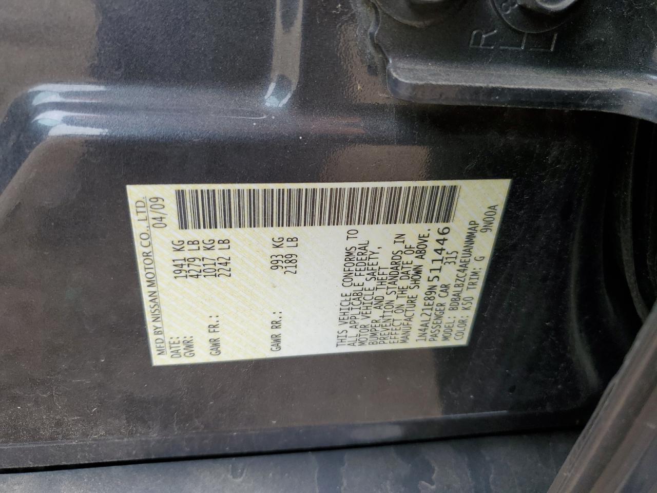 2009 Nissan Altima 2.5 VIN: 1N4AL21E89N511446 Lot: 82372835