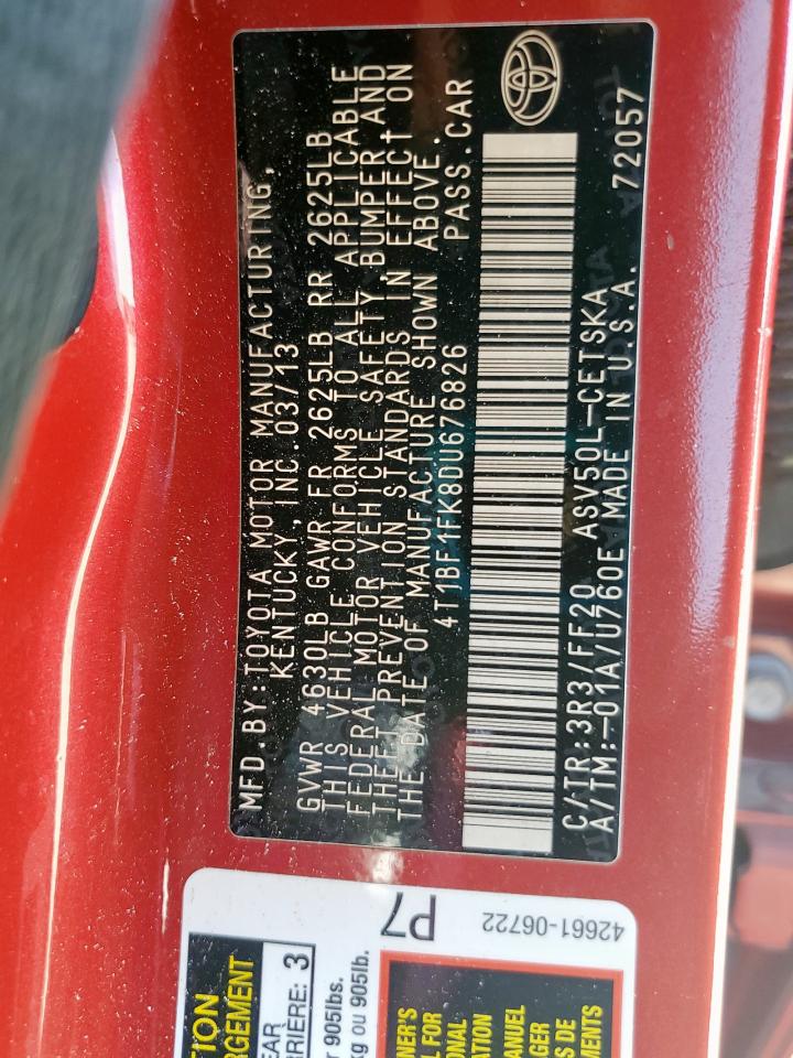 2013 Toyota Camry L VIN: 4T1BF1FK8DU676826 Lot: 81960625