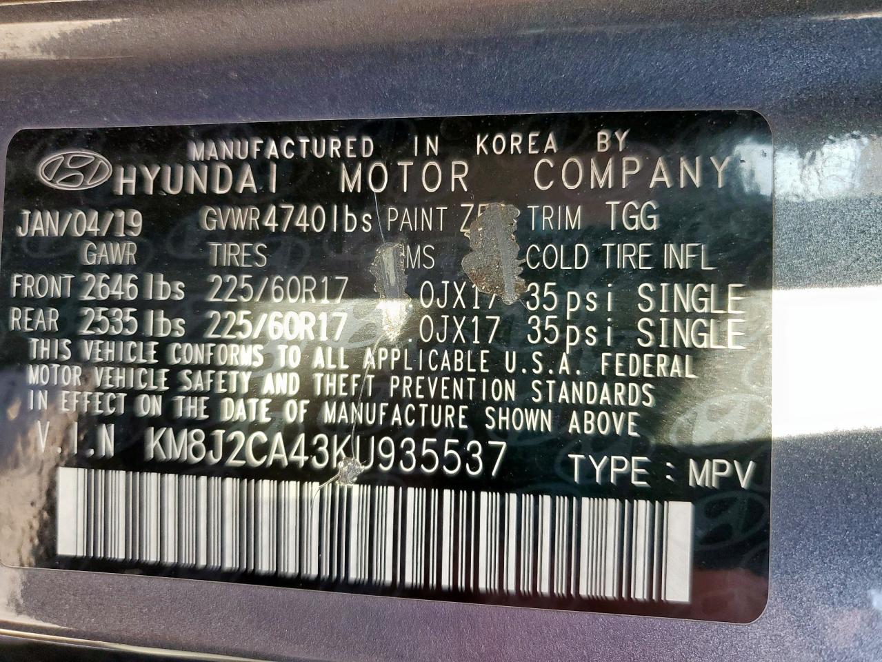 2019 Hyundai Tucson Se VIN: KM8J2CA43KU935537 Lot: 85107585