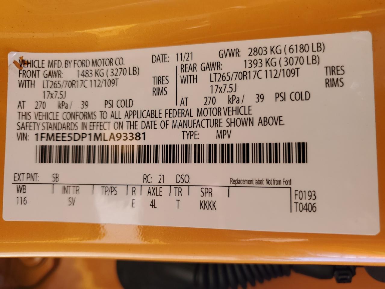 2021 Ford Bronco Base VIN: 1FMEE5DP1MLA93381 Lot: 82452925