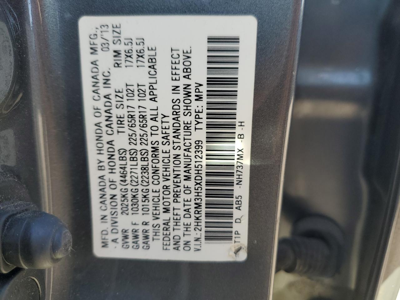 2013 Honda Cr-V Ex VIN: 2HKRM3H5XDH512399 Lot: 91001925