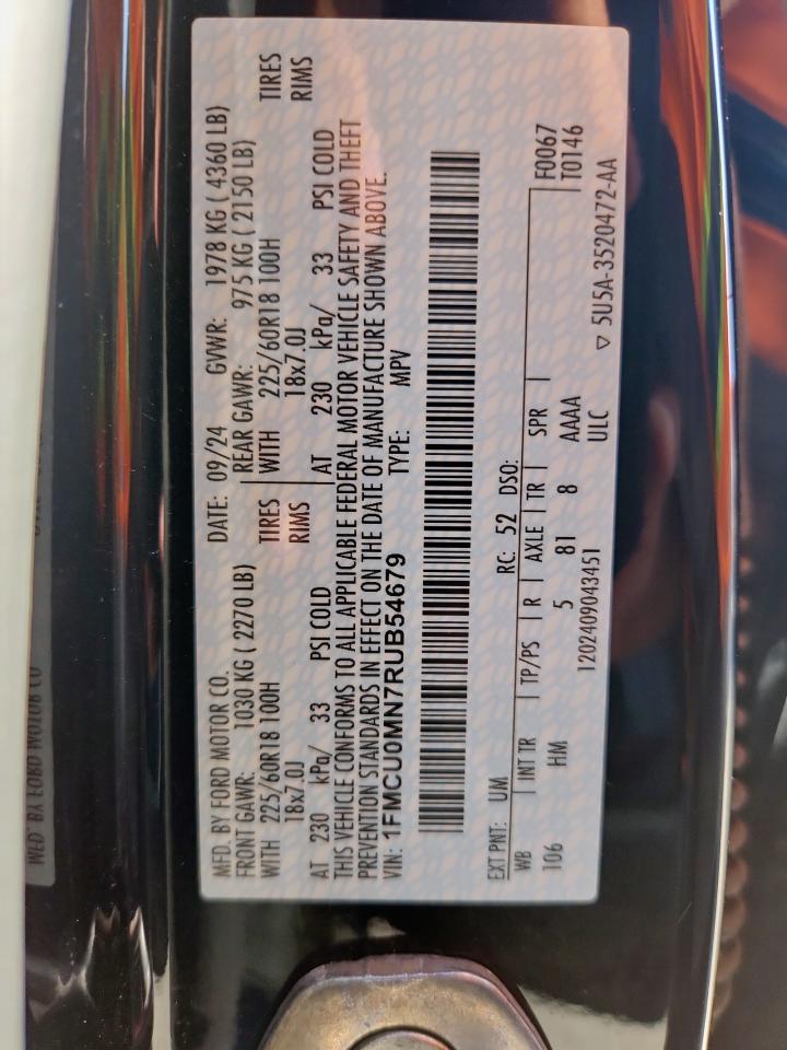 2024 Ford Escape St Line VIN: 1FMCU0MN7RUB54679 Lot: 84072165