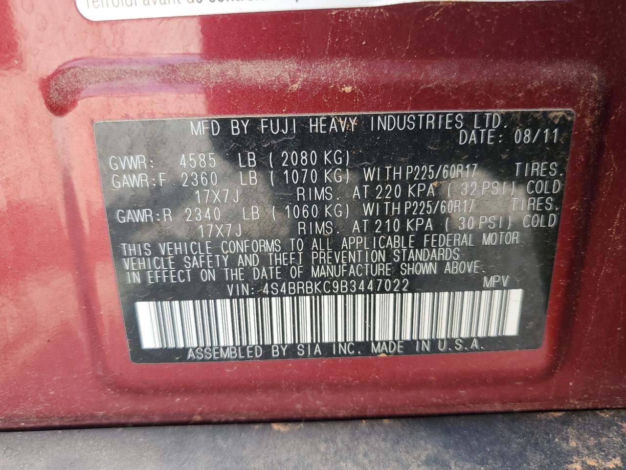 2011 Subaru Outback 2.5I Limited VIN: 4S4BRBKC9B3447022 Lot: 86077415