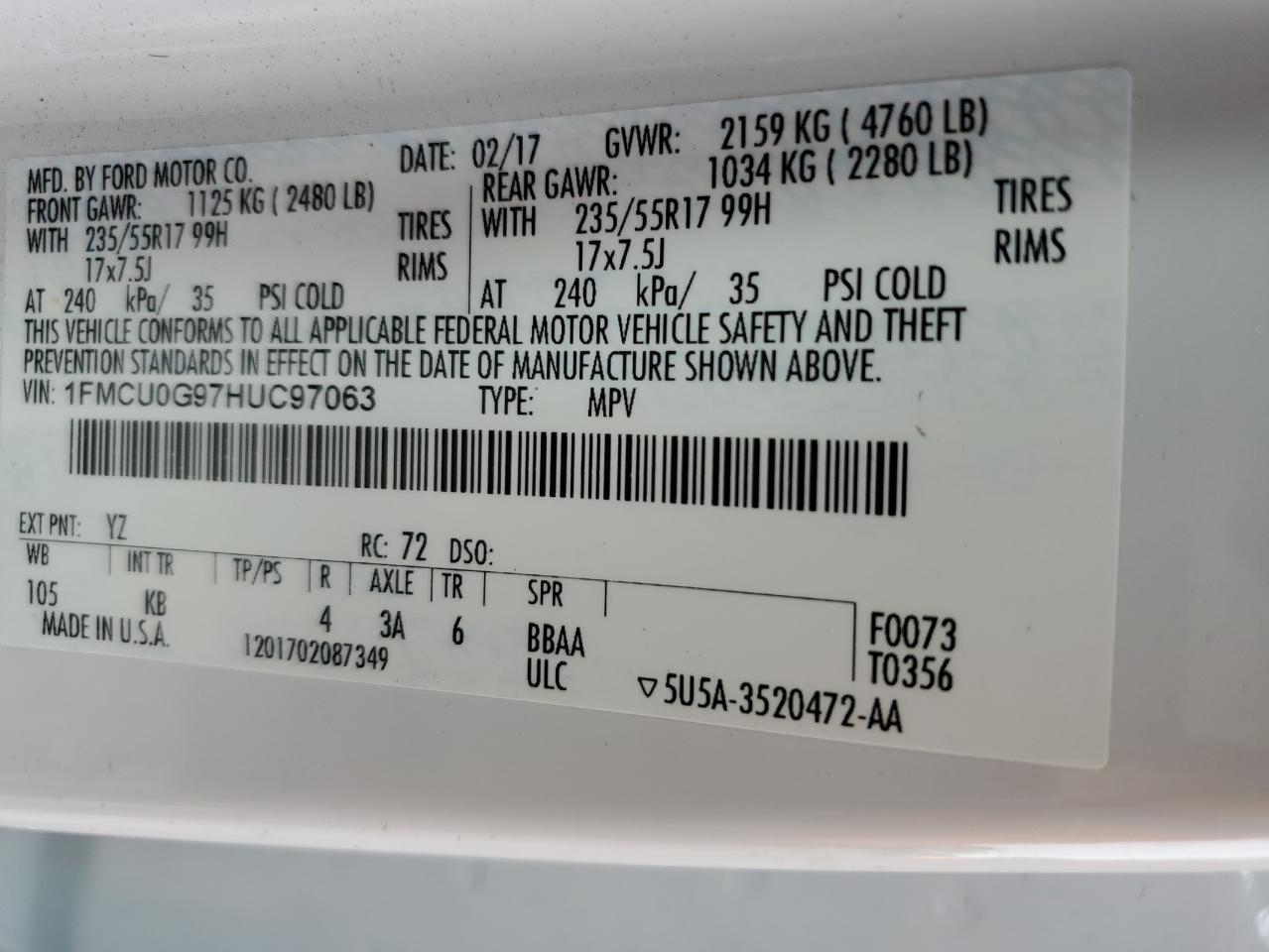 2017 Ford Escape Se VIN: 1FMCU0G97HUC97063 Lot: 90799105