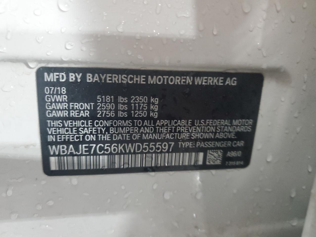 2019 BMW 540 Xi VIN: WBAJE7C56KWD55597 Lot: 85828575