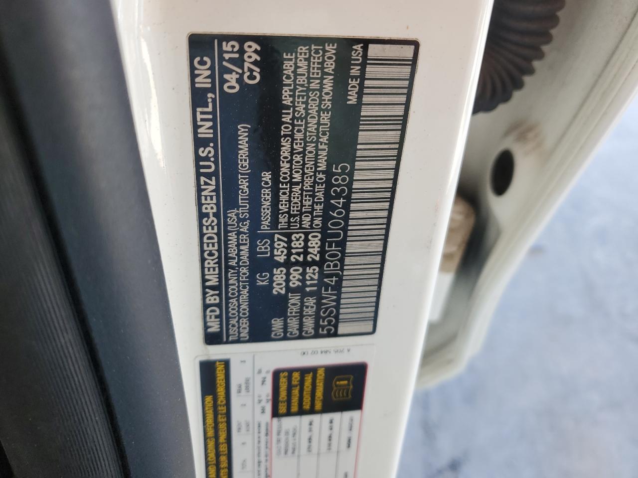 2015 Mercedes-Benz C 300 VIN: 55SWF4JB0FU064385 Lot: 86443735