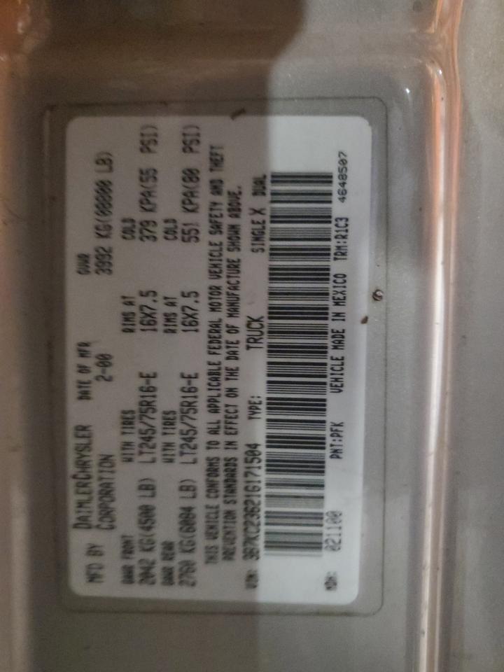 2001 Dodge Ram 2500 VIN: 3B7KC23621G171504 Lot: 90733275