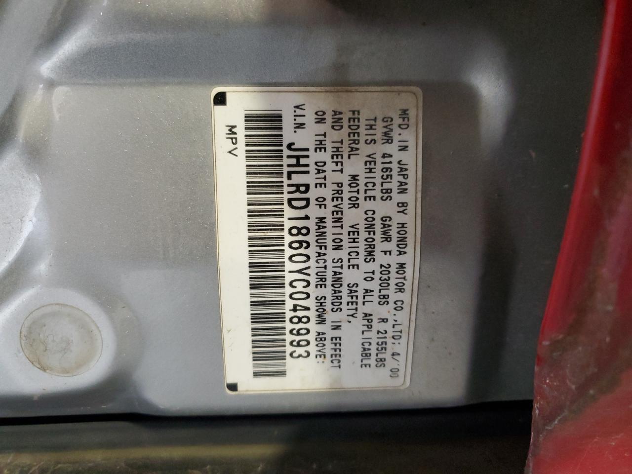 2000 Honda Cr-V Ex VIN: JHLRD1860YC048993 Lot: 90381025