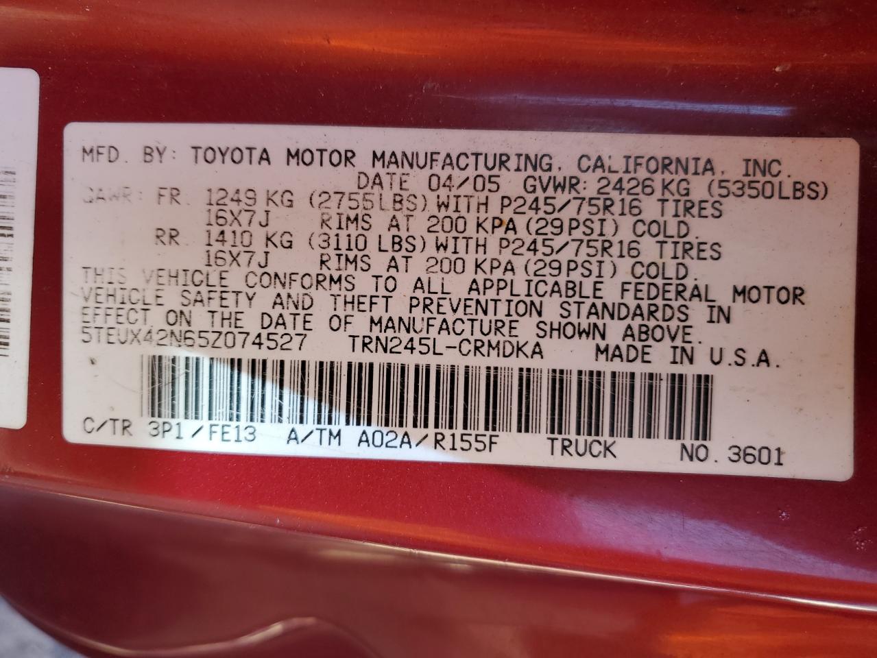 2005 Toyota Tacoma Access Cab VIN: 5TEUX42N65Z074527 Lot: 85521605