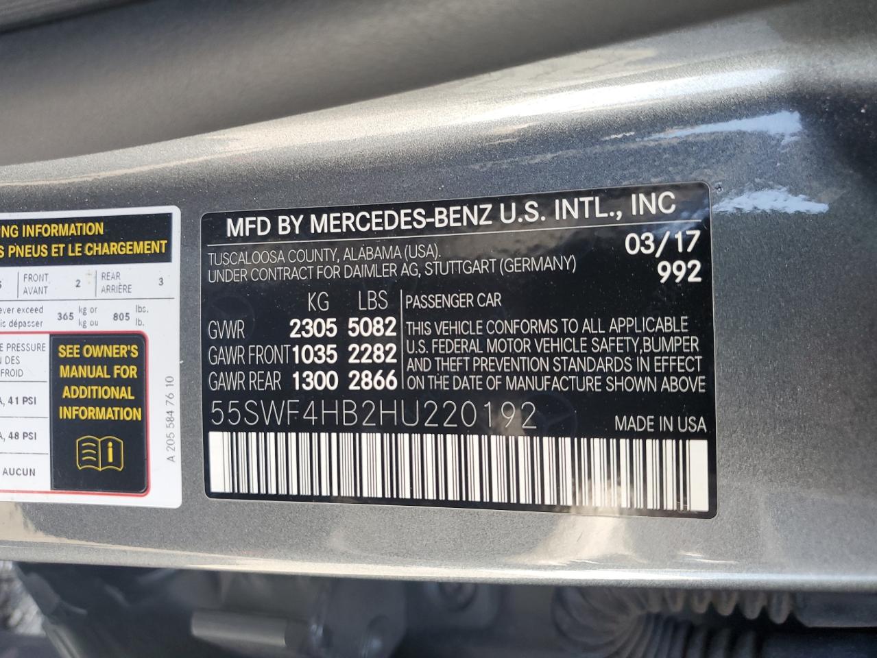 2017 Mercedes-Benz C 350E VIN: 55SWF4HB2HU220192 Lot: 81632215