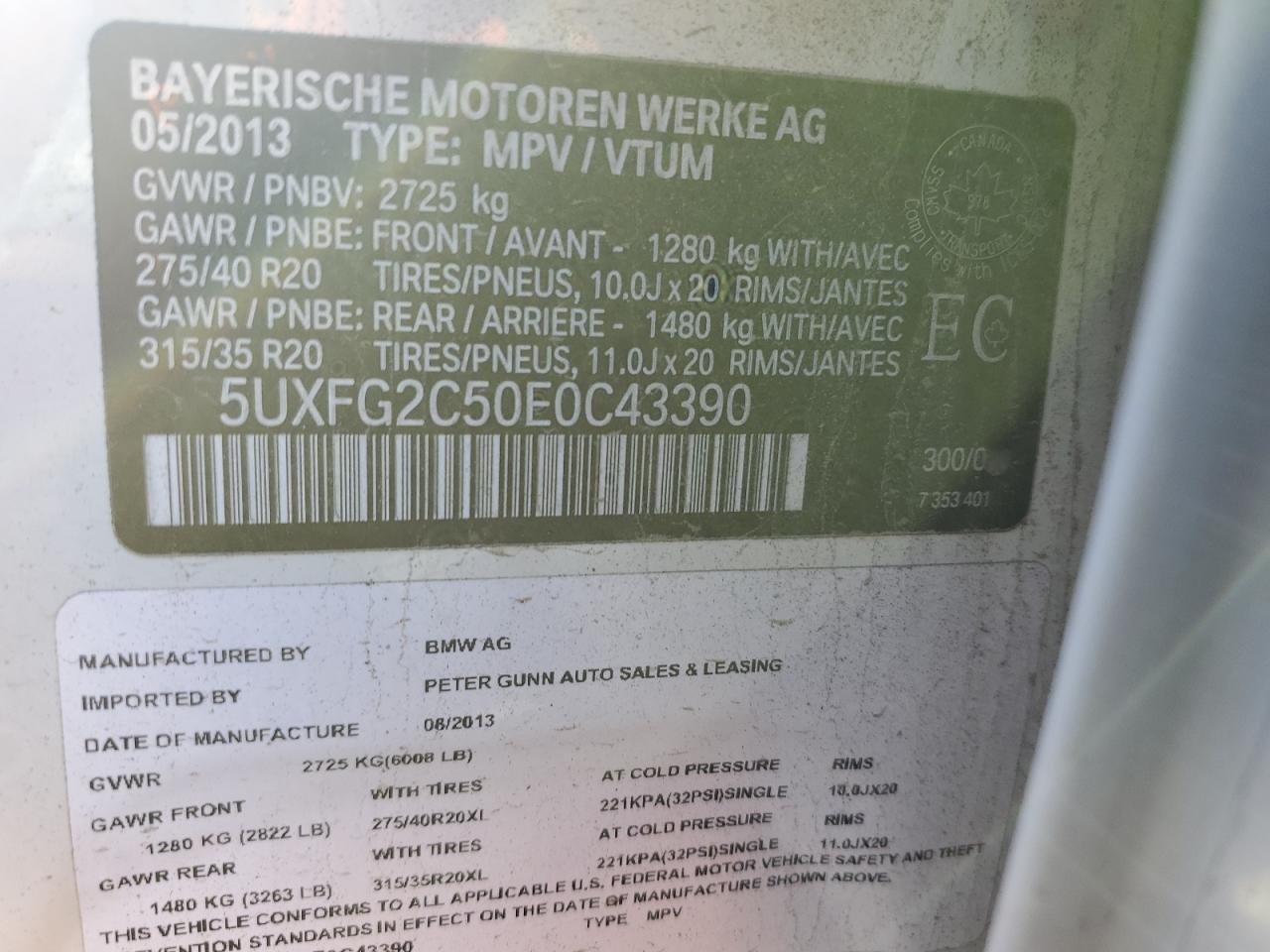 2014 BMW X6 xDrive35I VIN: 5UXFG2C50E0C43390 Lot: 87303075