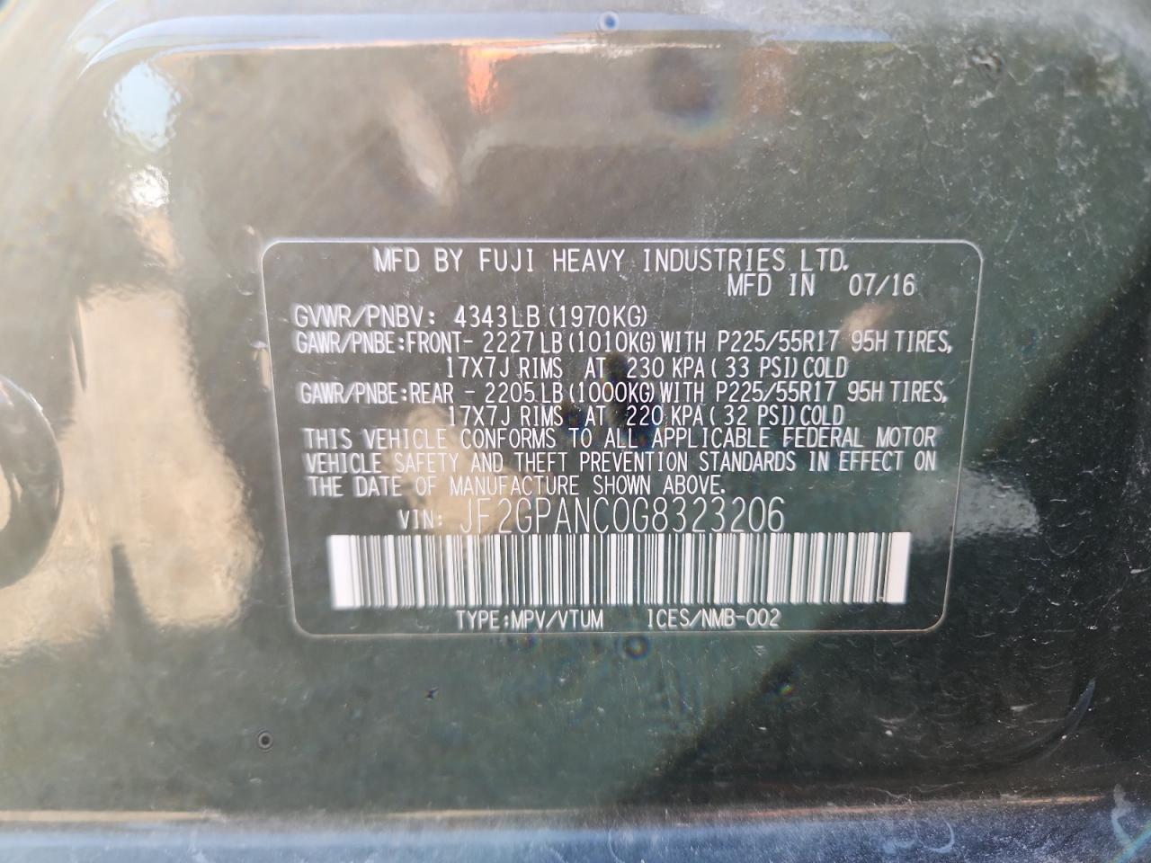 2016 Subaru Crosstrek Limited VIN: JF2GPANC0G8323206 Lot: 86100825
