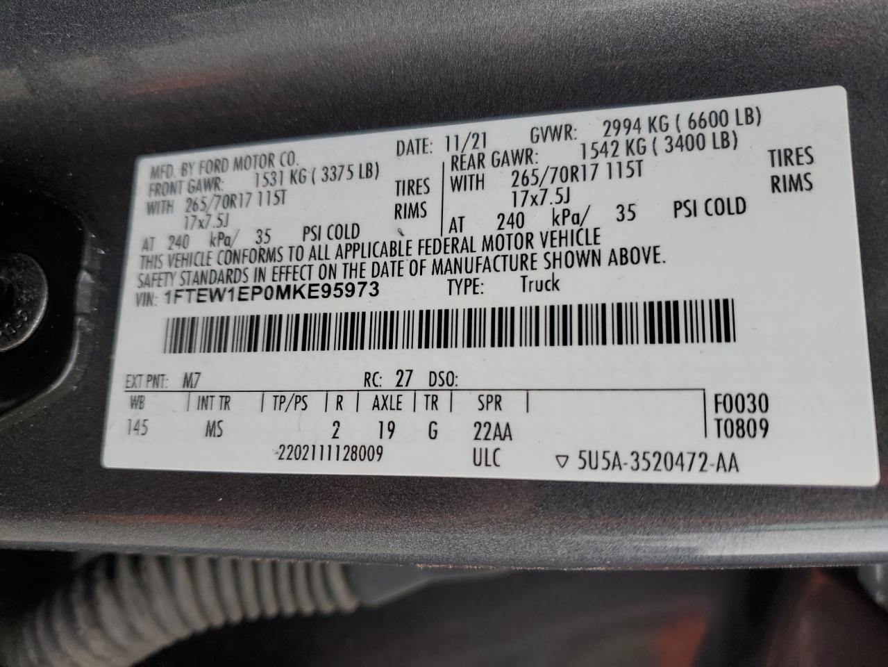 2021 Ford F150 Supercrew VIN: 1FTEW1EP0MKE95973 Lot: 82765685