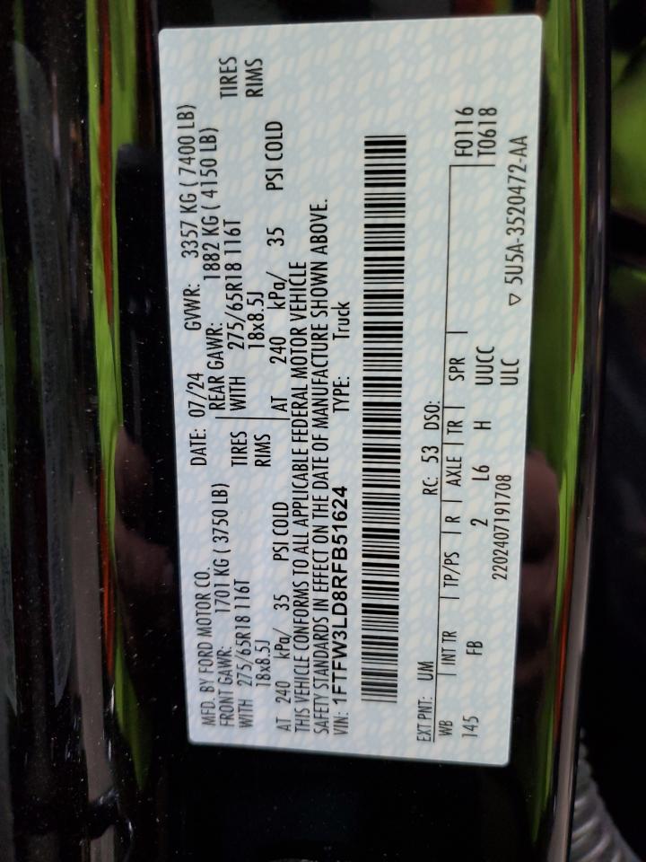 2024 Ford F150 Xlt VIN: 1FTFW3LD8RFB51624 Lot: 85374935