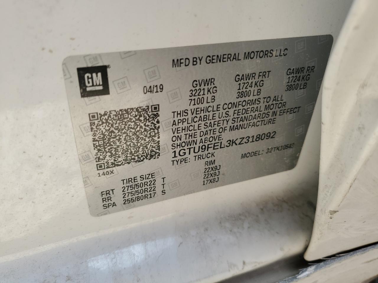 2019 GMC Sierra K1500 Denali VIN: 1GTU9FEL3KZ318092 Lot: 84548745