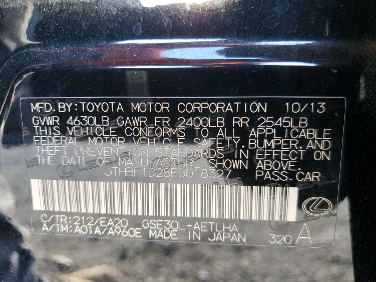 2014 Lexus Is 250 VIN: JTHBF1D28E5018327 Lot: 89481625