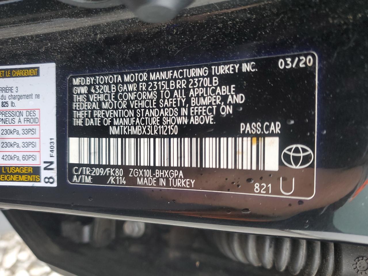 2020 Toyota C-Hr Xle VIN: NMTKHMBX3LR112150 Lot: 85123265