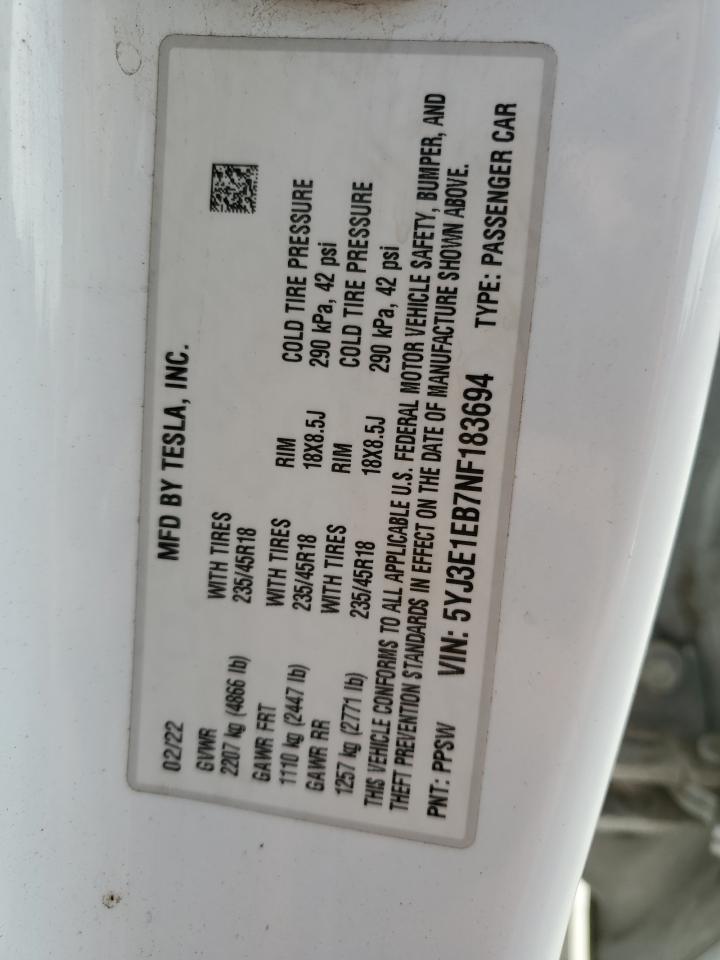 2022 Tesla Model 3 VIN: 5YJ3E1EB7NF183694 Lot: 90406755
