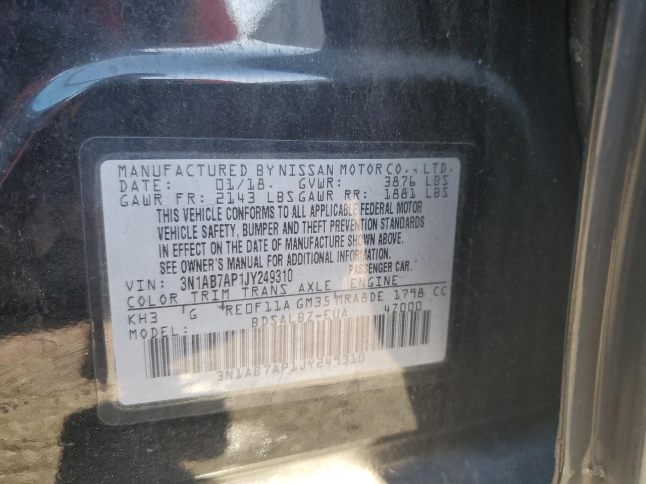 2018 Nissan Sentra S VIN: 3N1AB7AP1JY249310 Lot: 86323425