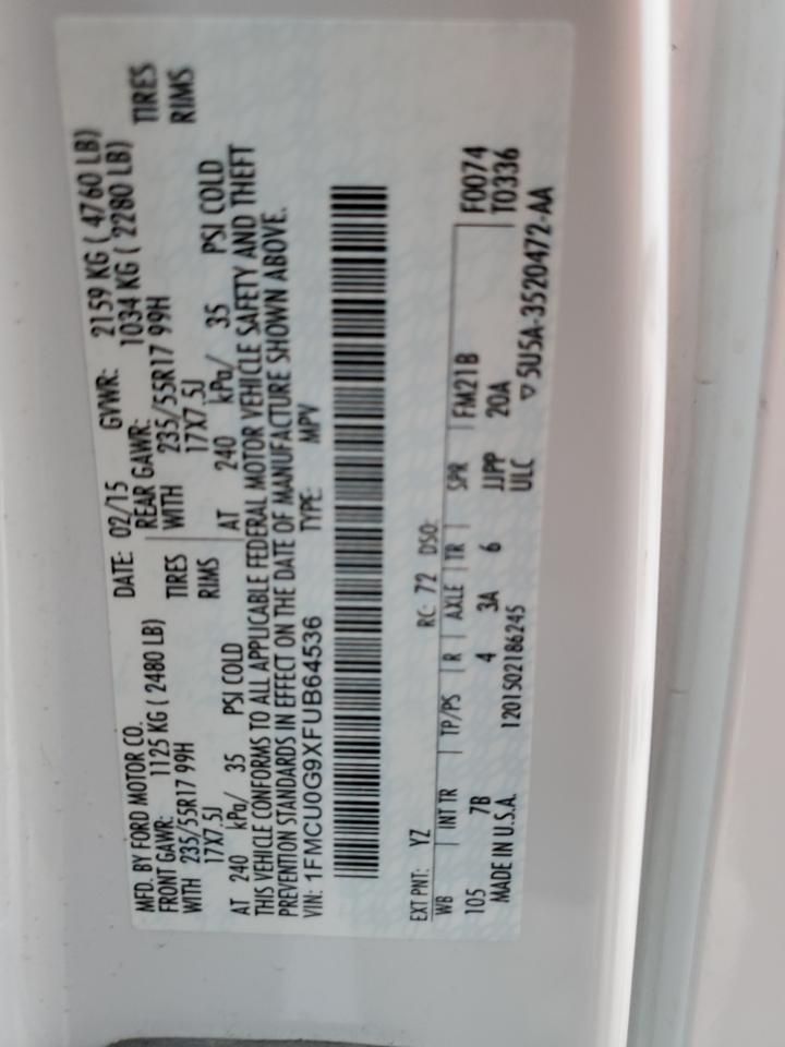 2015 Ford Escape Se VIN: 1FMCU0G9XFUB64536 Lot: 82302285