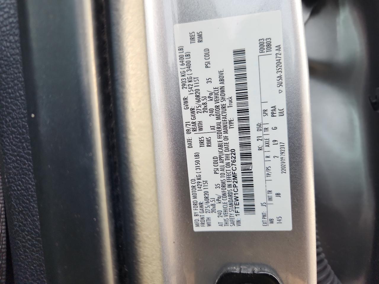 2021 Ford F150 Supercrew VIN: 1FTEW1CP2MFC76220 Lot: 82739685