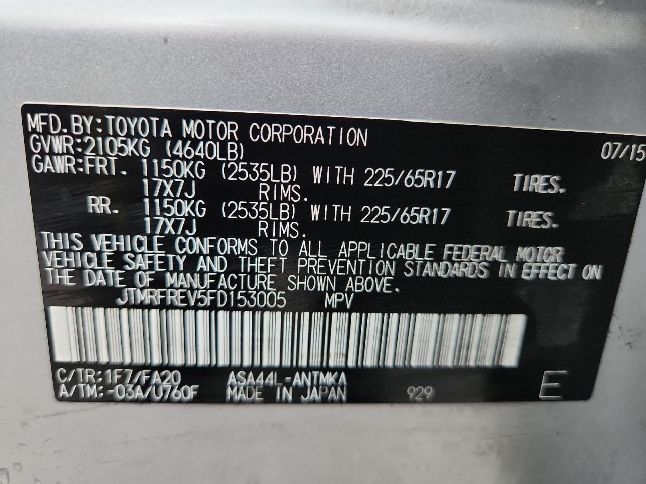 2015 Toyota Rav4 Xle VIN: JTMRFREV5FD153005 Lot: 85937245