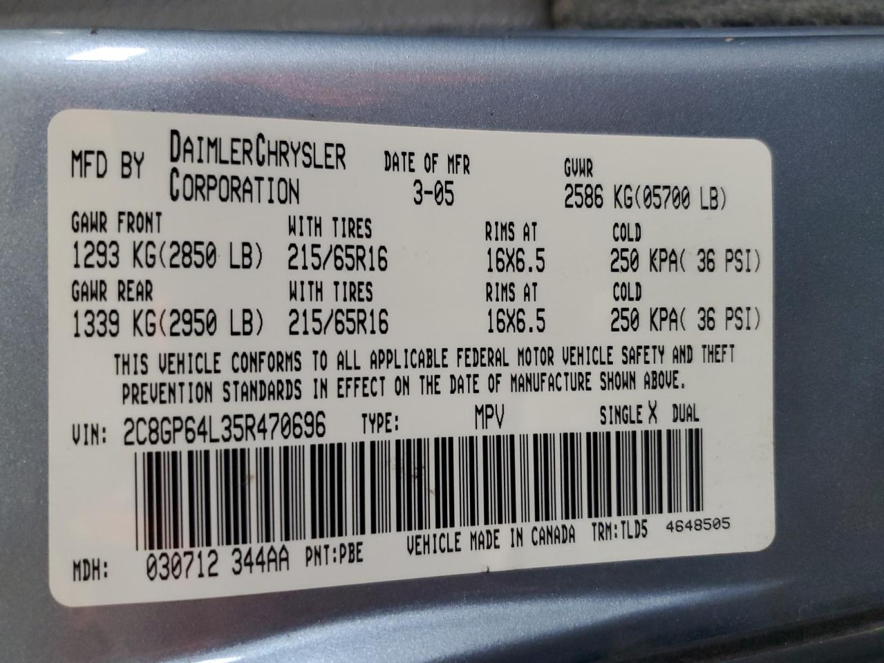 2005 Chrysler Town & Country Limited VIN: 2C8GP64L35R470696 Lot: 82234265