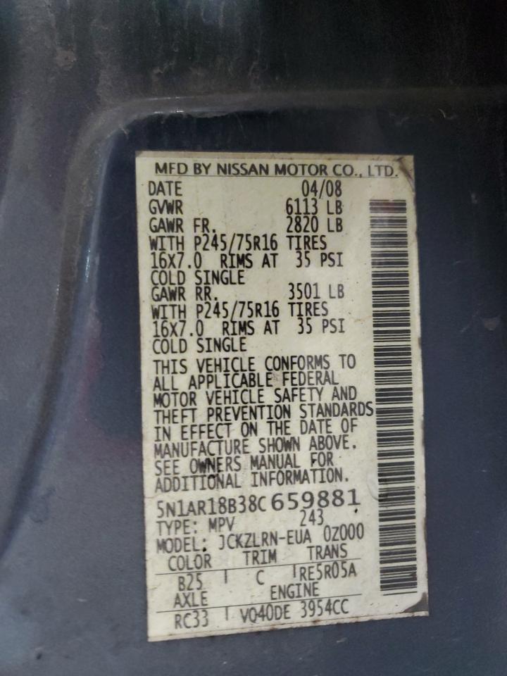 2008 Nissan Pathfinder S VIN: 5N1AR18B38C659881 Lot: 85521075