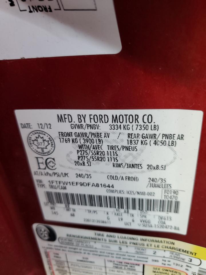 2013 Ford F150 Supercrew VIN: 1FTFW1EF9DFA81644 Lot: 89804025