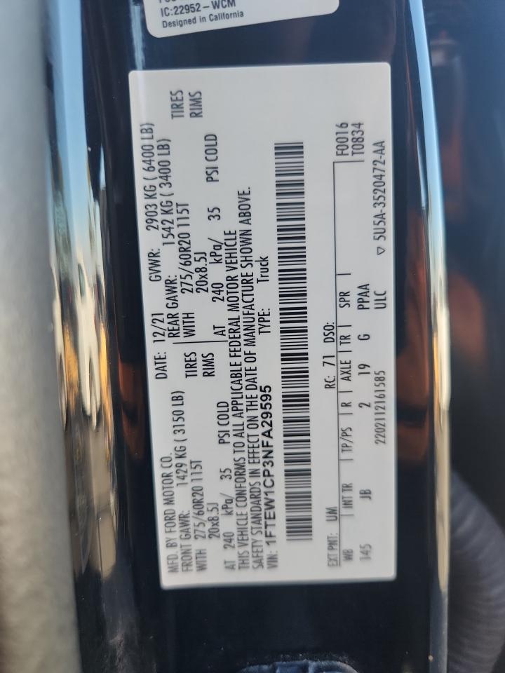 2022 Ford F150 Supercrew VIN: 1FTEW1CP3NFA29595 Lot: 89845375