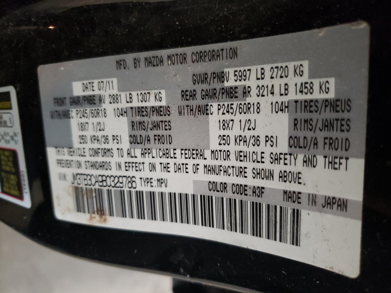 2011 Mazda Cx-9 VIN: JM3TB3CA9B0329786 Lot: 86871205