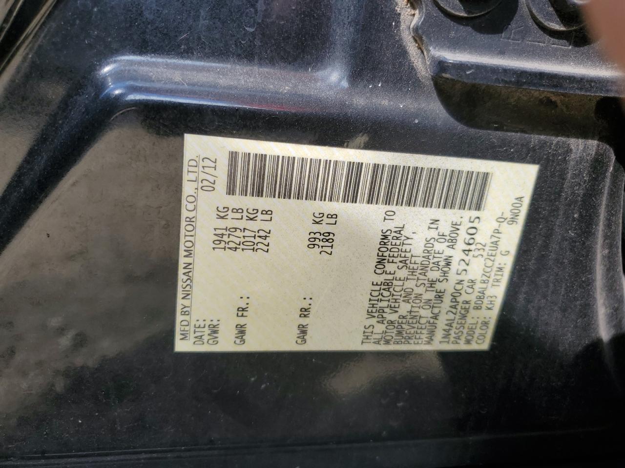 2012 Nissan Altima Base VIN: 1N4AL2AP0CN524605 Lot: 86231805