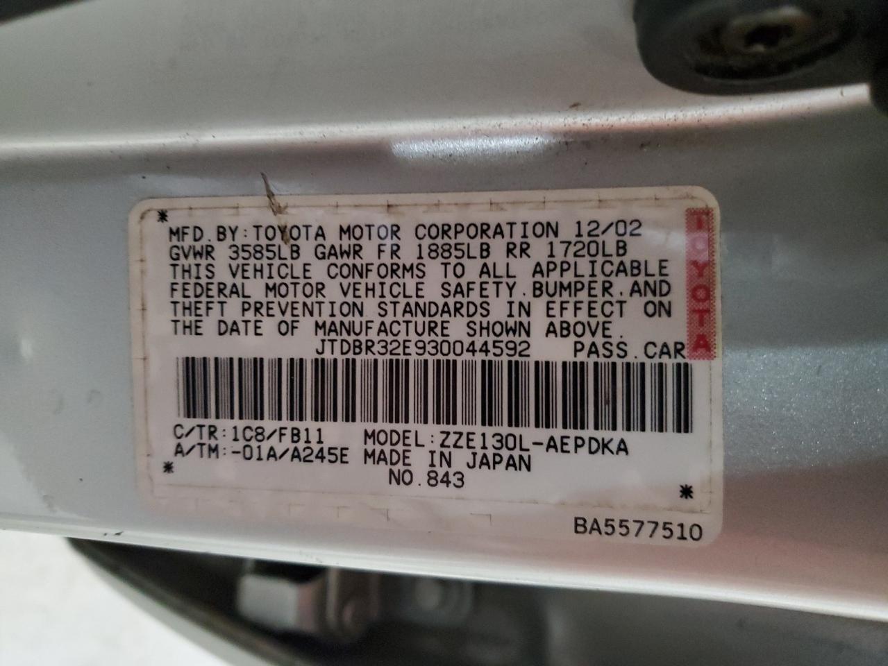 2003 Toyota Corolla Ce VIN: JTDBR32E930044592 Lot: 90052605