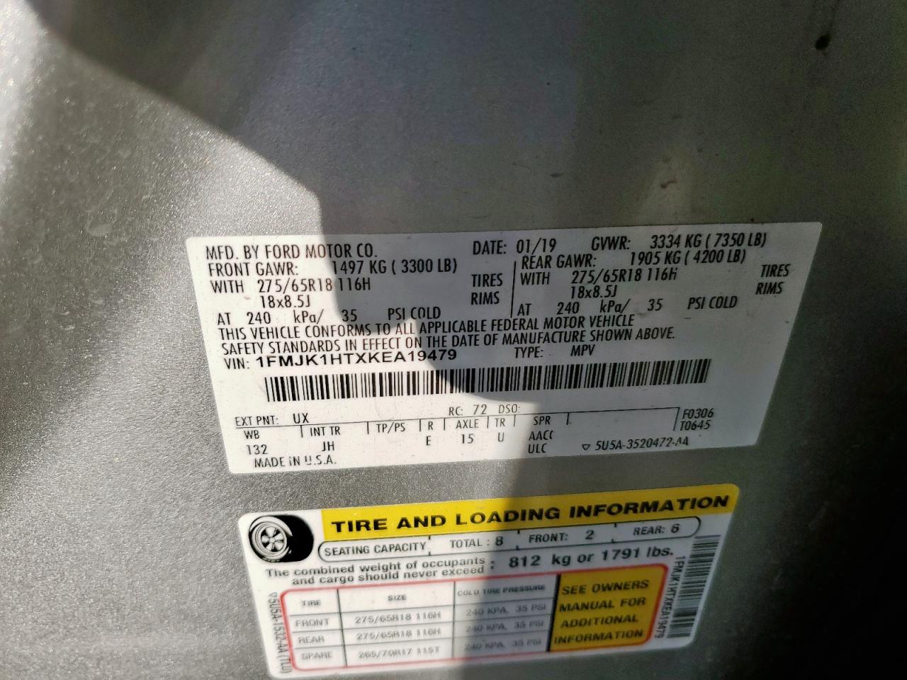 2019 Ford Expedition Max Xlt VIN: 1FMJK1HTXKEA19479 Lot: 85297295