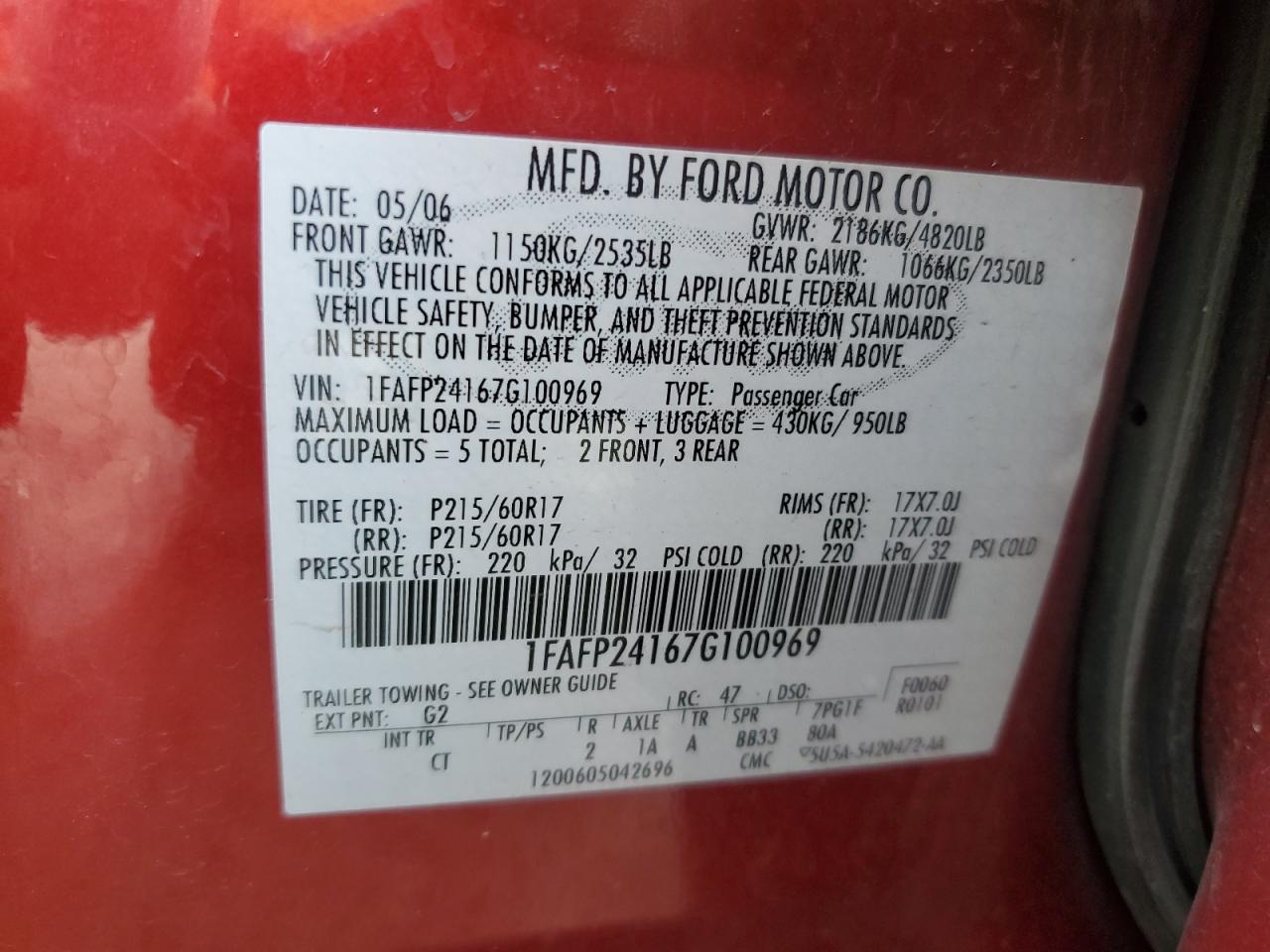 2007 Ford Five Hundred Sel VIN: 1FAFP24167G100969 Lot: 90867645