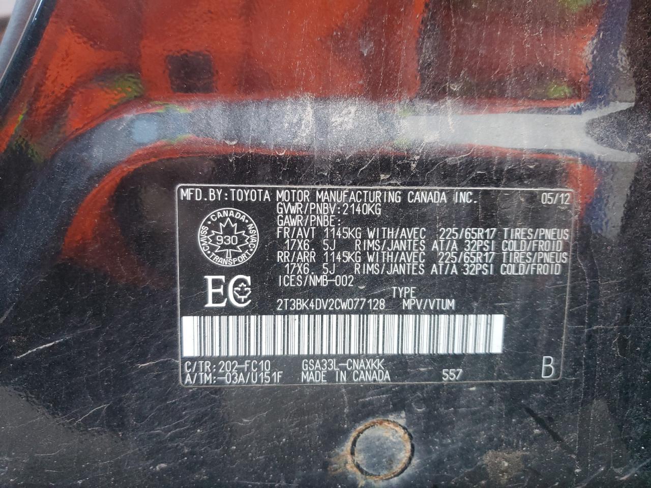 2012 Toyota Rav4 VIN: 2T3BK4DV2CW077128 Lot: 86052825