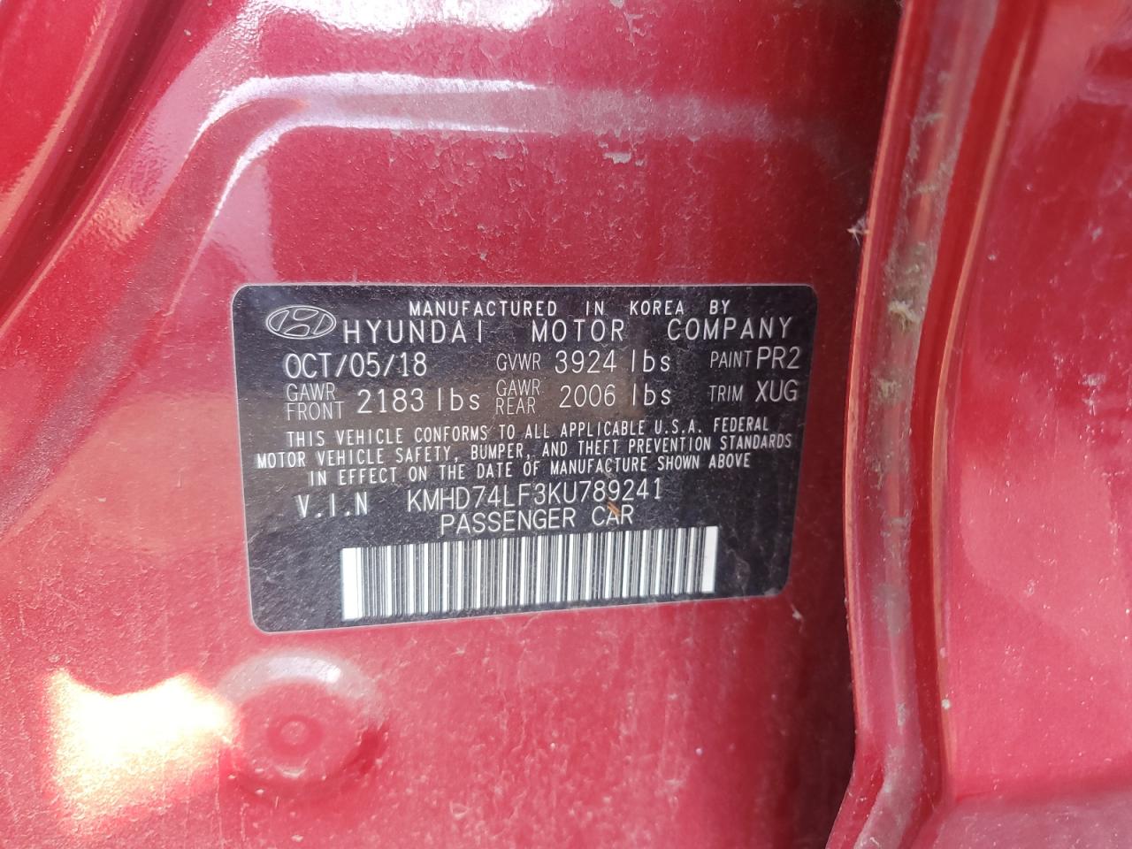 2019 Hyundai Elantra Se VIN: KMHD74LF3KU789241 Lot: 86123345