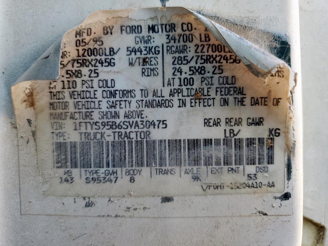 1995 Ford L-Series L - Water Truck VIN: 1FTYS95B6SVA30475 Lot: 85713055