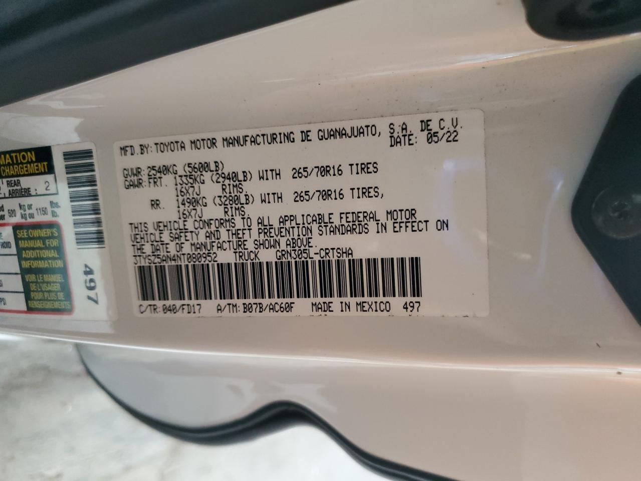 2022 Toyota Tacoma Access Cab VIN: 3TYSZ5AN4NT080952 Lot: 85652685